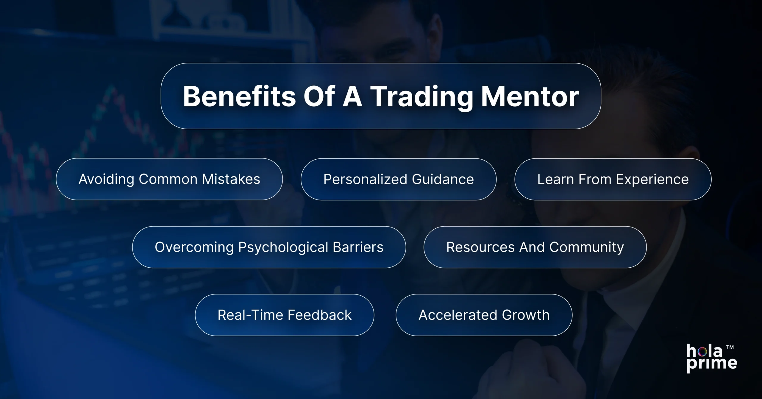 Graphic titled ‘Benefits of a Trading Mentor’ showing seven benefits in rounded blue boxes: Avoiding Common Mistakes, Personalized Guidance, Learn From Experience, Overcoming Psychological Barriers, Resources and Community, Real-Time Feedback, and Accelerated Growth. Background shows traders in a dark office with trading charts.